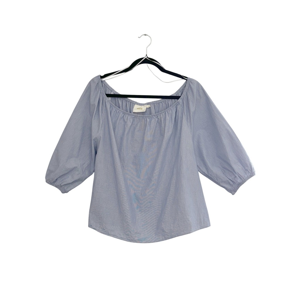 Maeve Anthropologie Blue White Pinstripe Off Shoulder Puff Sleeve - Size L - B8‎
